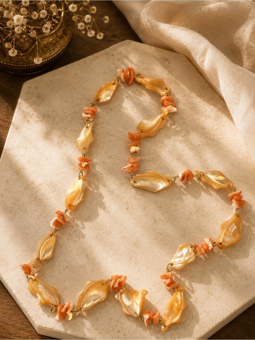 Vintage Peach Coral & Mother of Pearl Statement Necklace • Organic Shell Beads